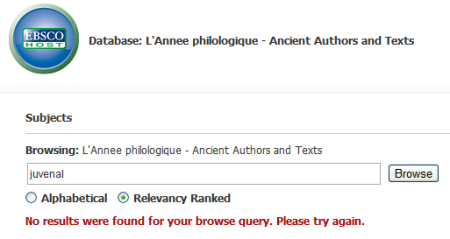 L'Annee in Ebsco interface Ancient Authors search for Juvenal Fails